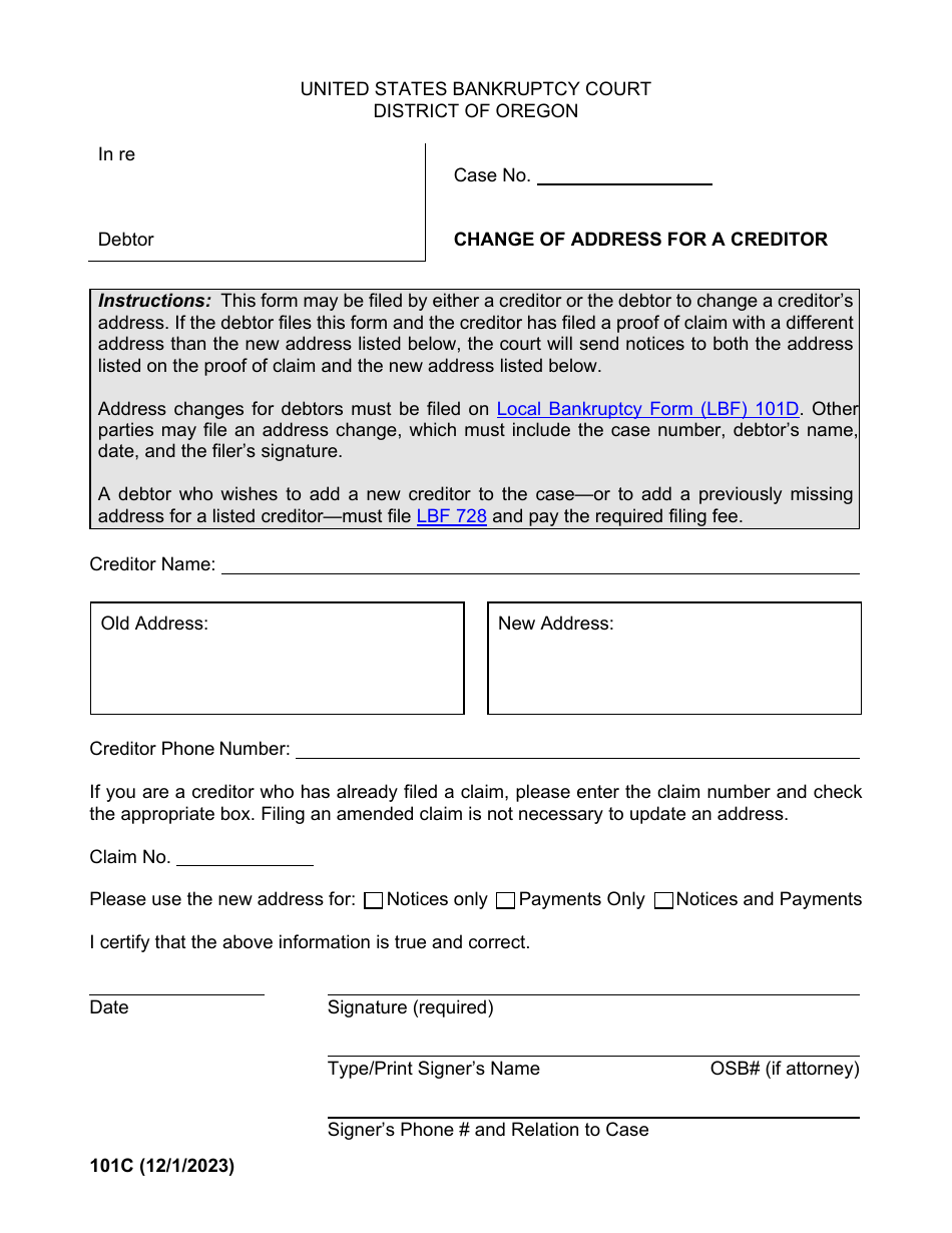 Form 101C Change of Address for a Creditor - Oregon, Page 1