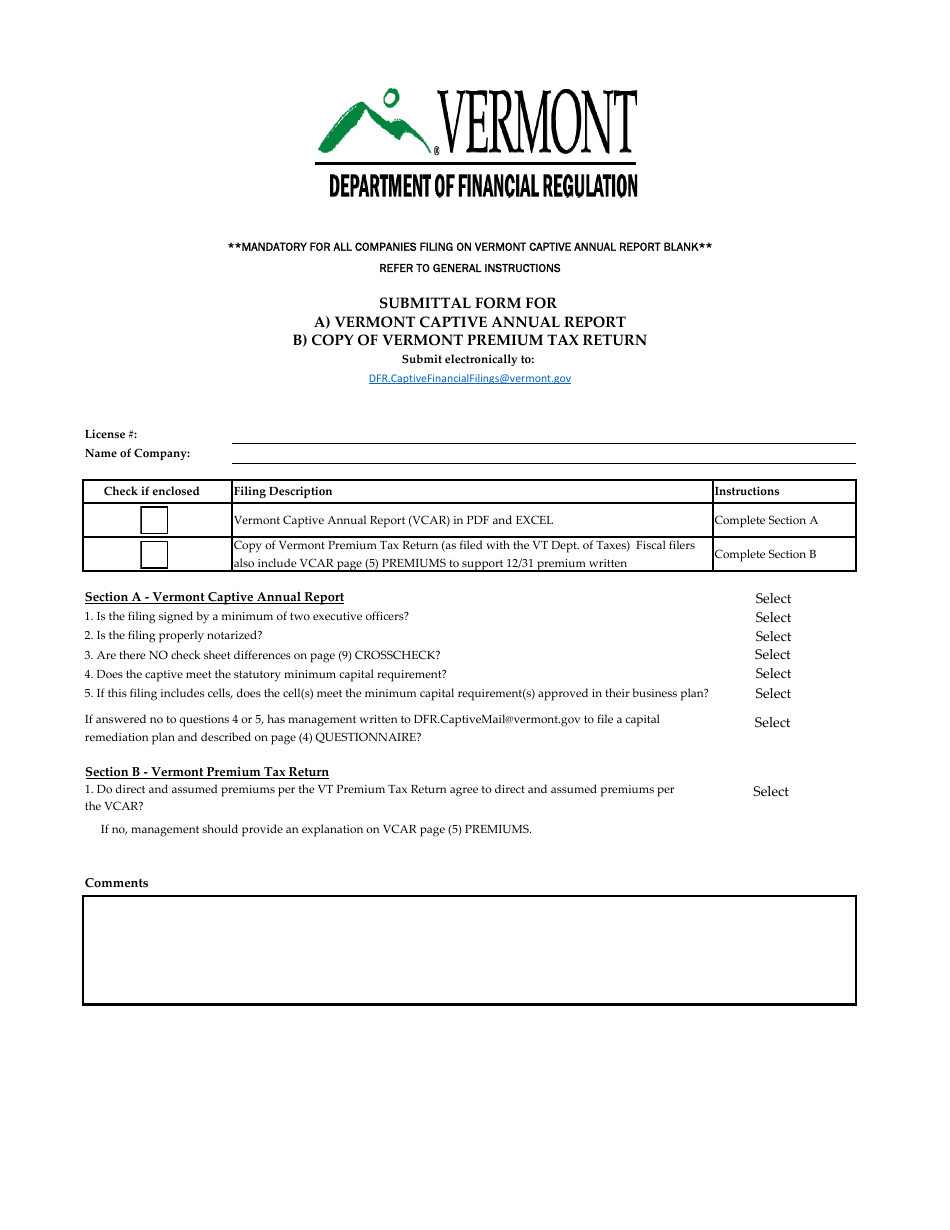 Submittal Form for Vermont Captive Annual Report / Copy of Vermont Premium Tax Return - Vermont, Page 1