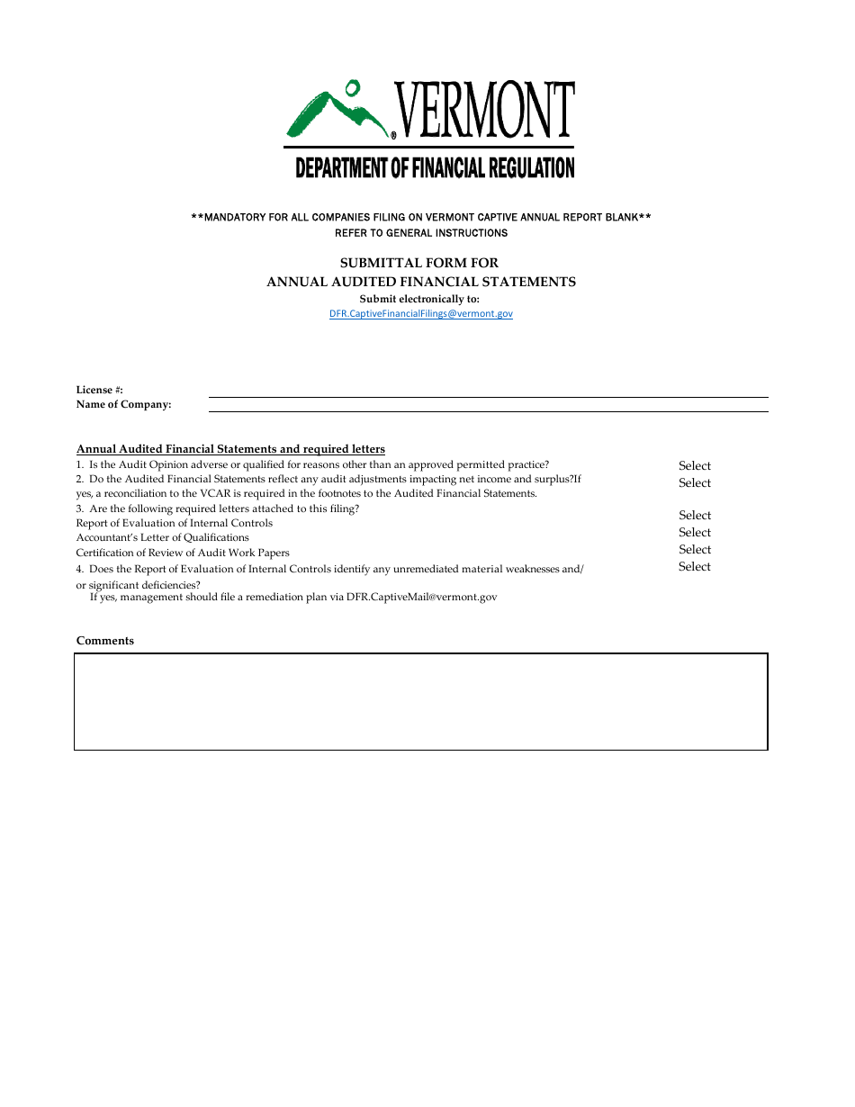 Submittal Form for Annual Audited Financial Statements - Vermont, Page 1