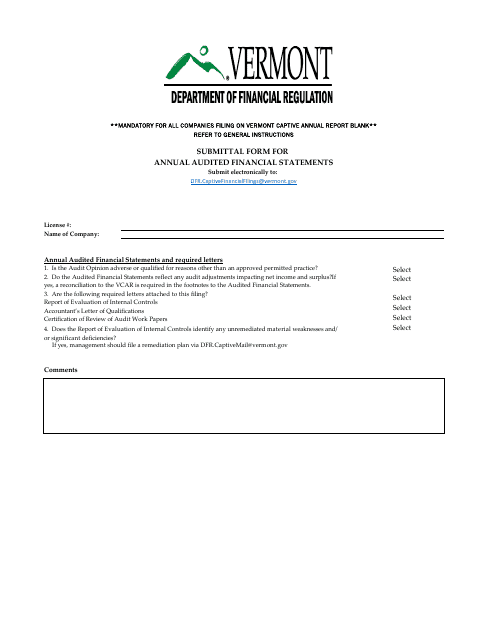 Submittal Form for Annual Audited Financial Statements - Vermont