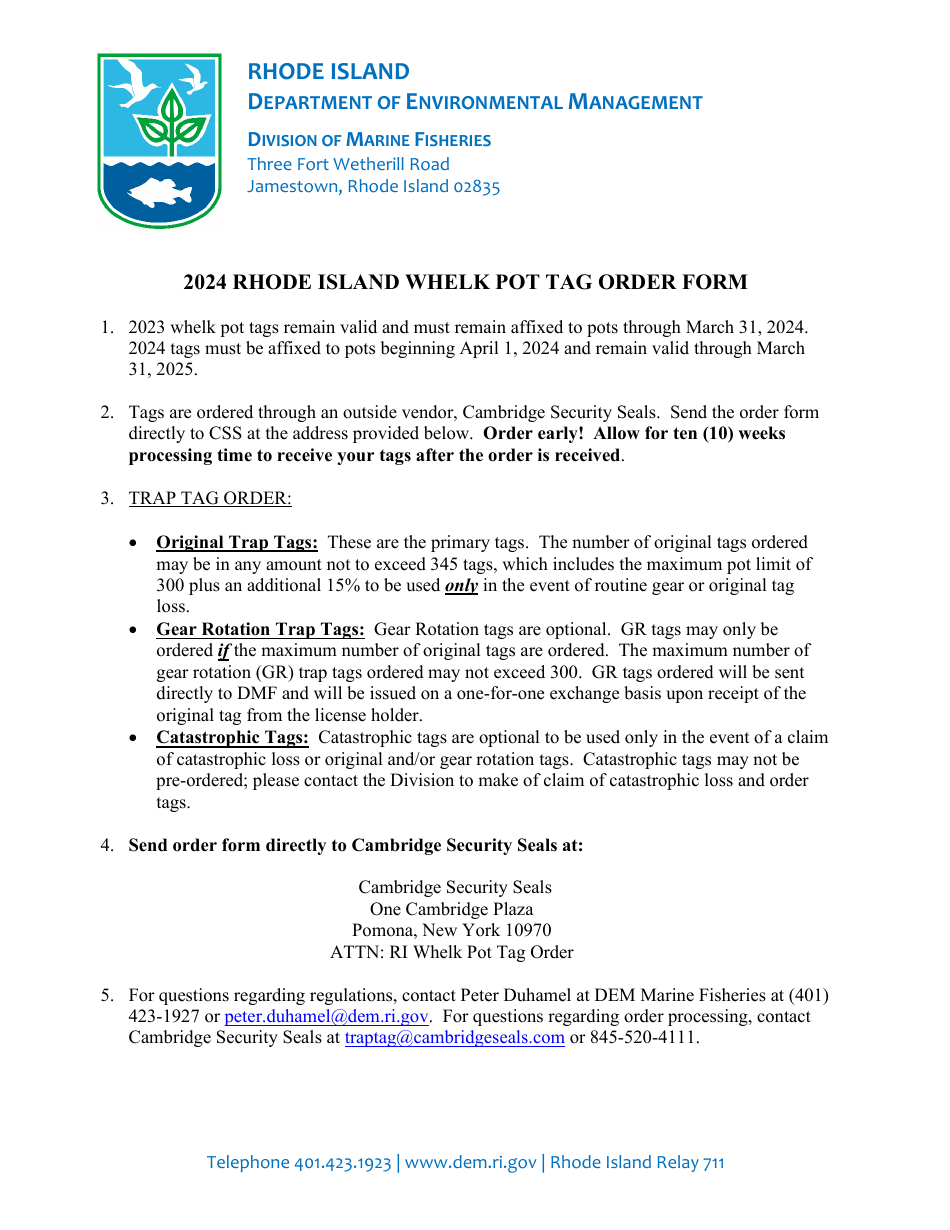 Rhode Island Whelk Pot Tag Order Form - Rhode Island, Page 1