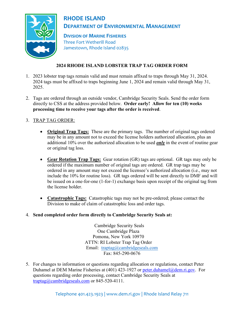 Rhode Island Lobster Trap Tag Order Form - Rhode Island, Page 1