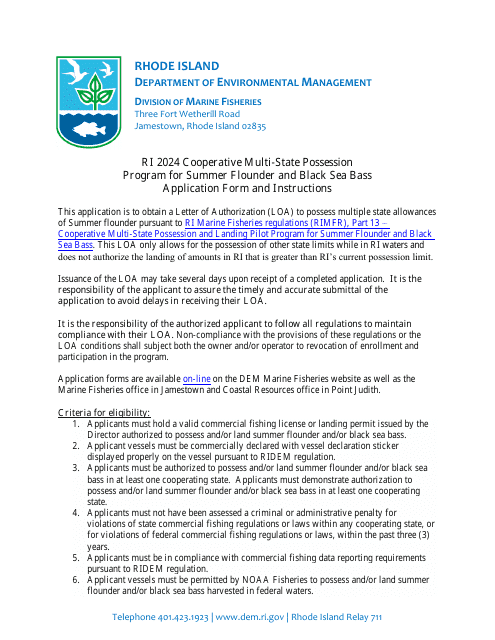 Cooperative Multi-State Possession Pilot Program for Summer Flounder and Black Sea Bass Application - Rhode Island Download Pdf