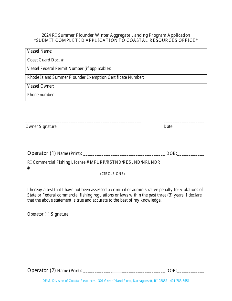 Application Form - Summer Flounder Winter Aggregate Landing Program - Rhode Island, Page 3
