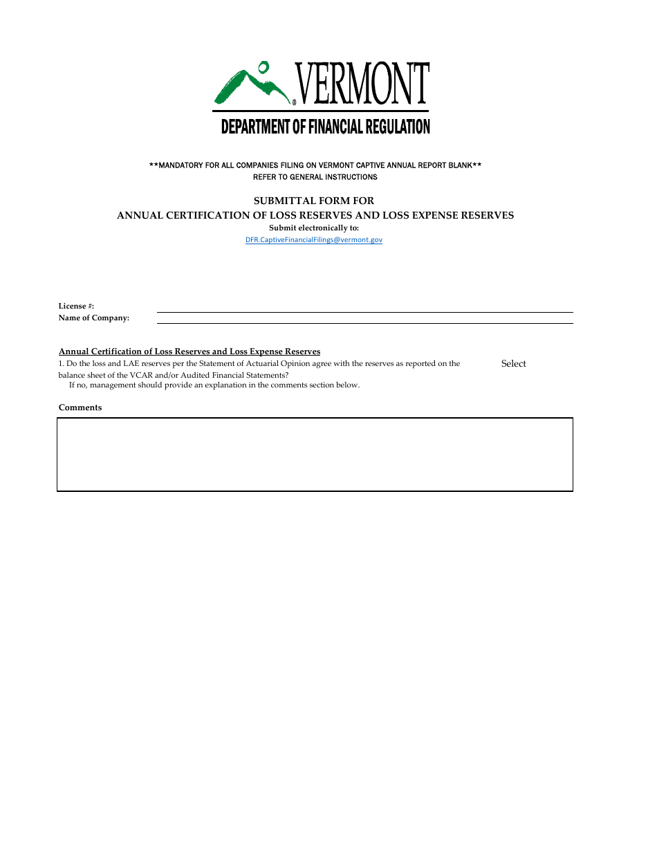 Submittal Form for Annual Certification of Loss Reserves and Loss Expense Reserves - Vermont, Page 1
