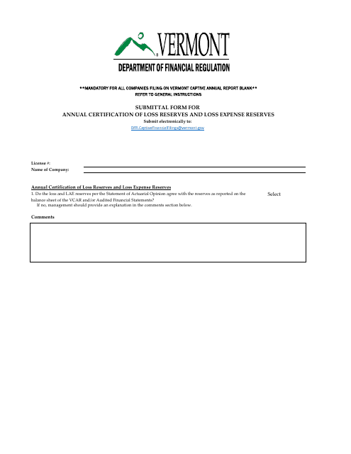 Submittal Form for Annual Certification of Loss Reserves and Loss Expense Reserves - Vermont
