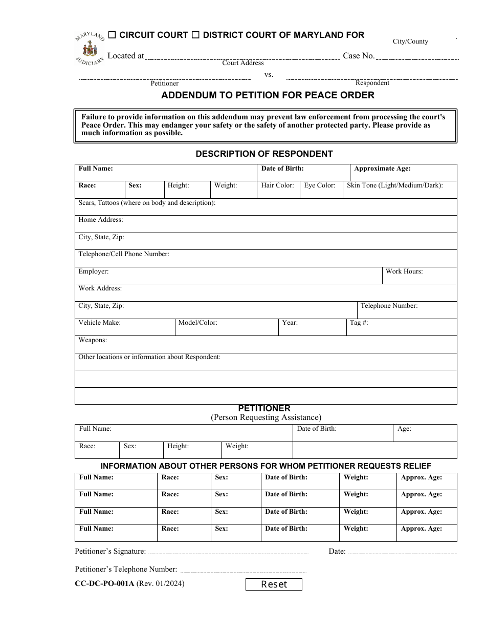 Form CC-DC-PO-001A Addendum to Petition for Peace Order - Maryland, Page 1
