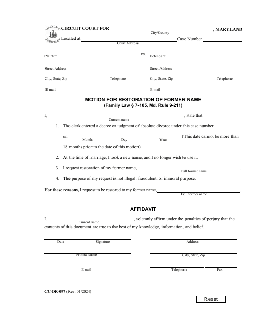 Form CC-DR-097 Motion for Restoration of Former Name - Maryland
