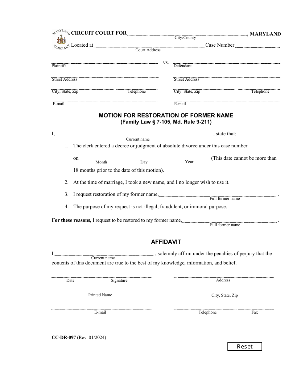 Form CC-DR-097 Motion for Restoration of Former Name - Maryland, Page 1