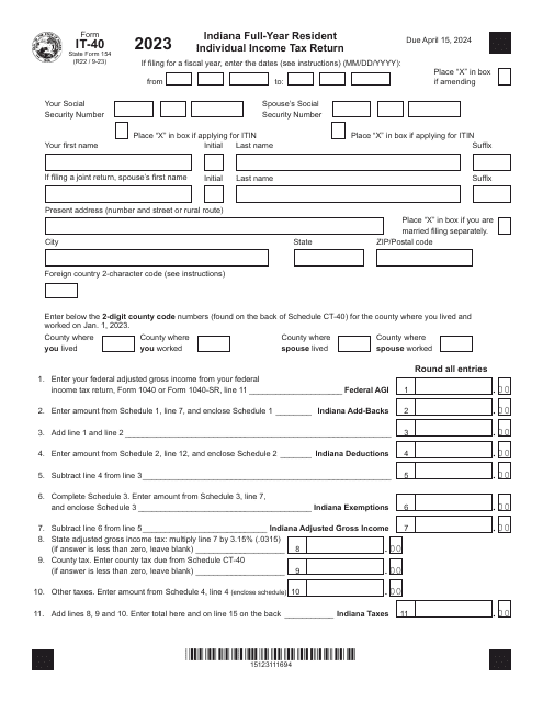 Form IT-40 (State Form 154) 2023 Printable Pdf