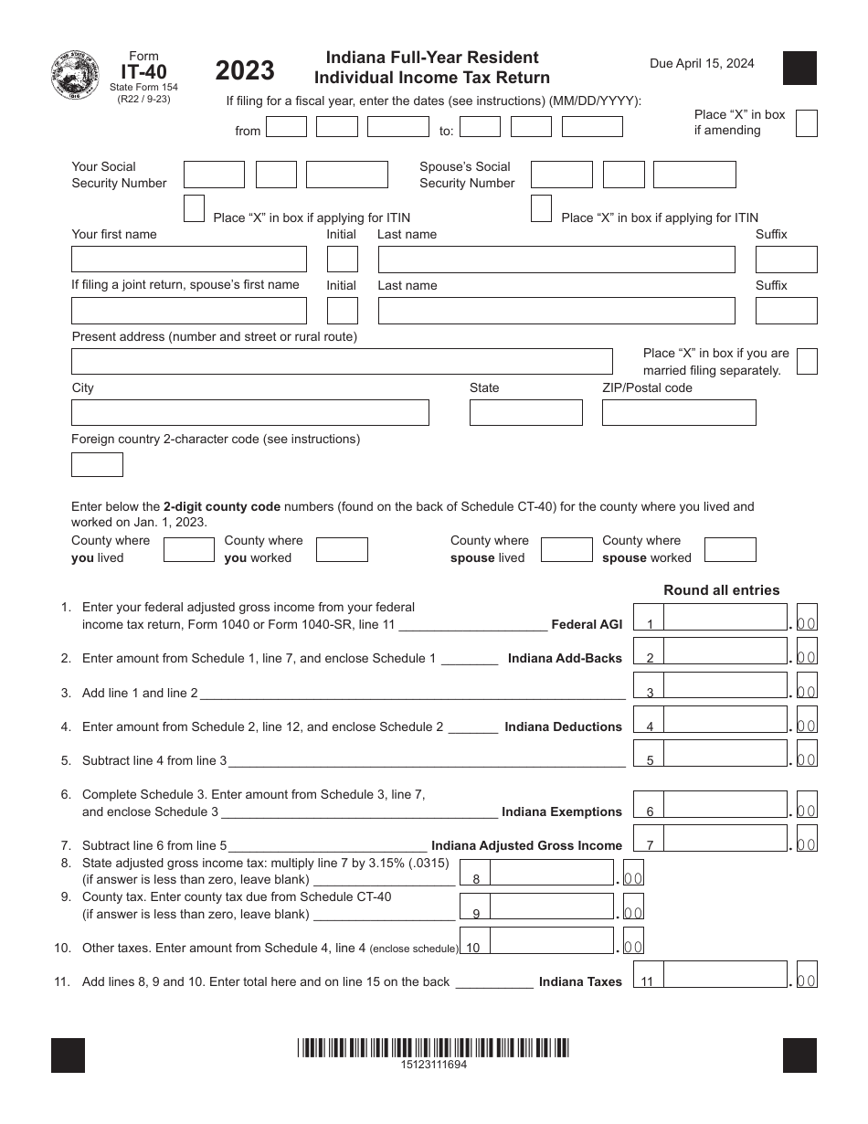 Form IT-40 (State Form 154) Indiana Full-Year Resident Individual Income Tax Return - Indiana, Page 1