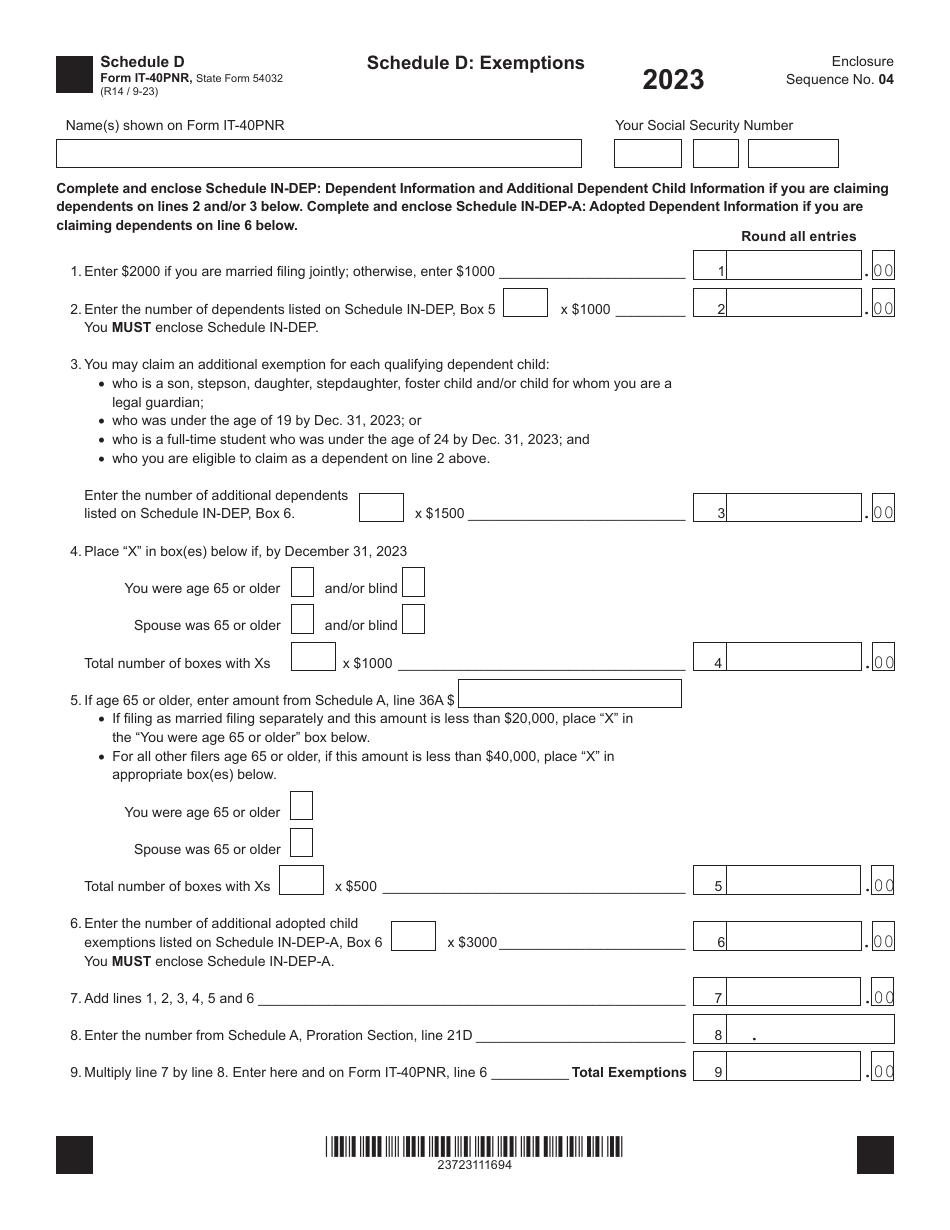 Form IT-40PNR (State Form 54032) Schedule D Exemptions - Indiana, Page 1