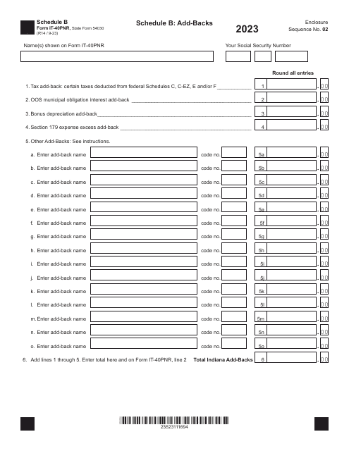 Form IT-40PNR (State Form 54030) Schedule B Add-Backs - Indiana, 2023