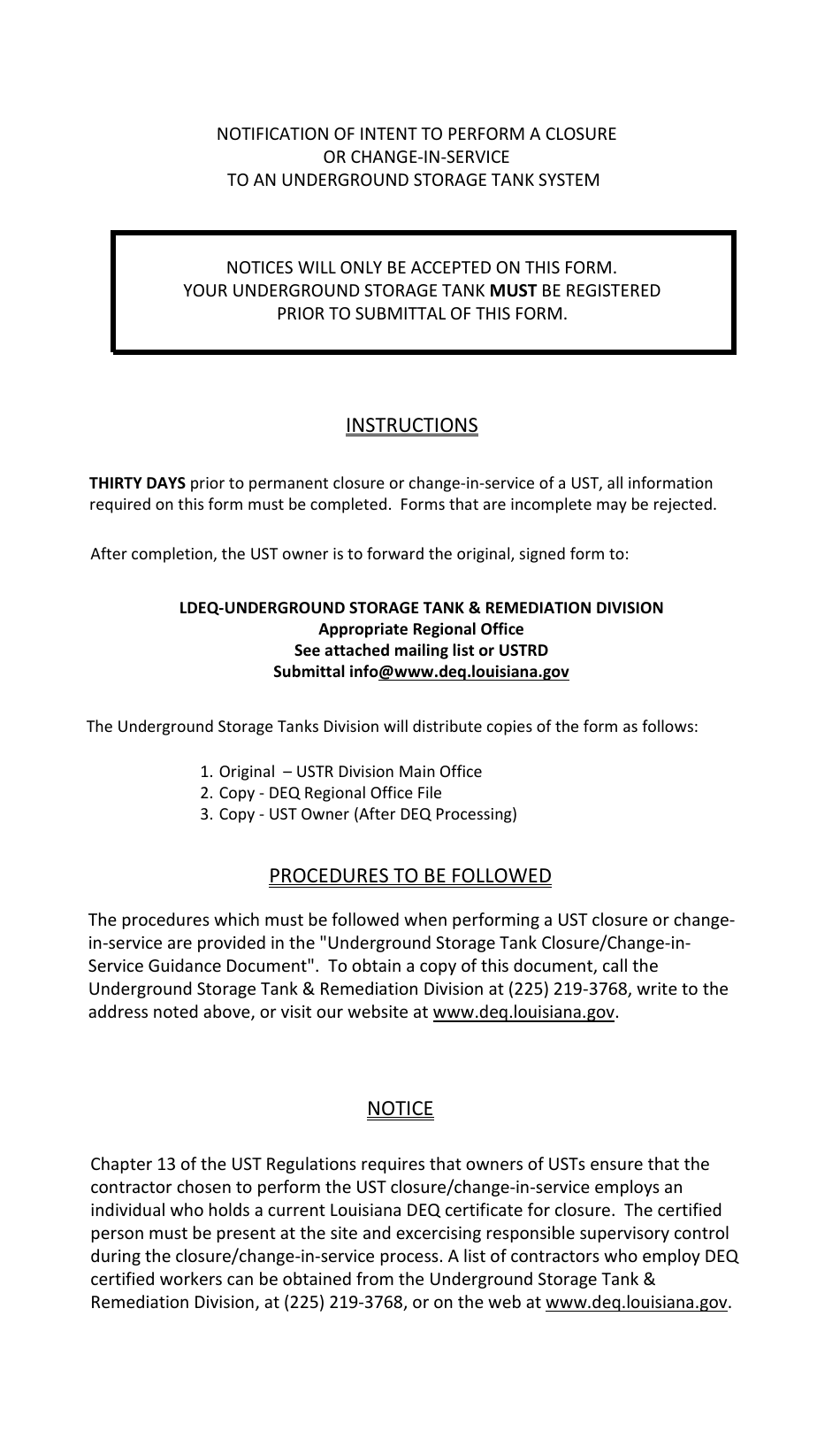 Form UST-SURV-01 Notification of Intent to Perform a Closure or Change-In-Service to an Underground Storage Tank System - Louisiana, Page 2