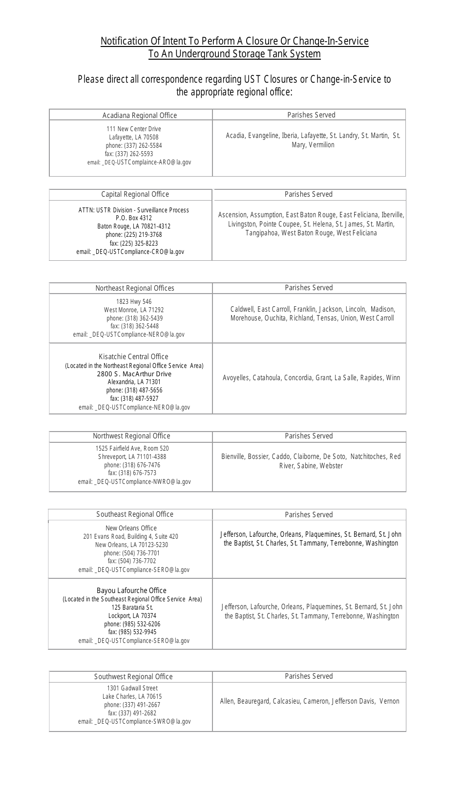 Form UST-SURV-01 Notification of Intent to Perform a Closure or Change-In-Service to an Underground Storage Tank System - Louisiana, Page 3
