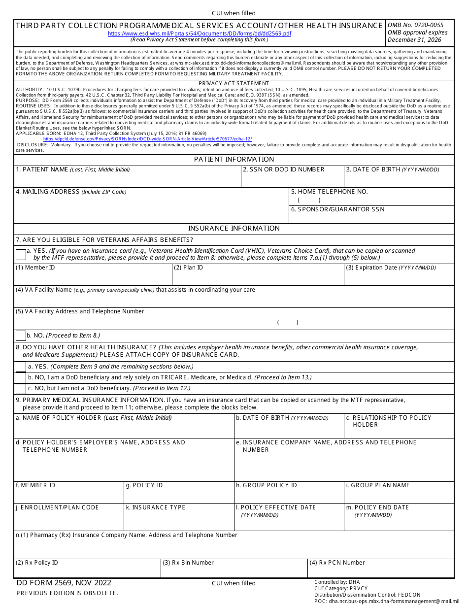DD Form 2569 Third Party Collection Program / Medical Services Account / Other Health Insurance, Page 1