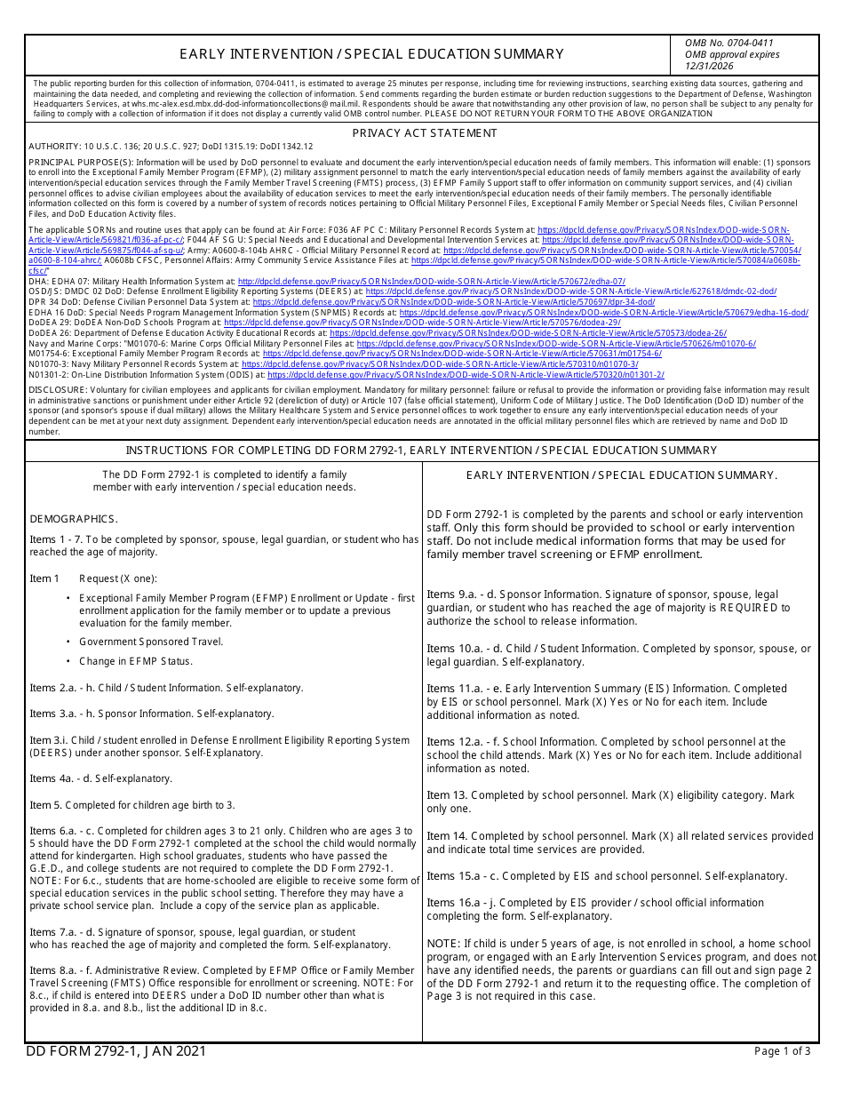 DD Form 2792-1 Early Intervention / Special Education Summary, Page 1