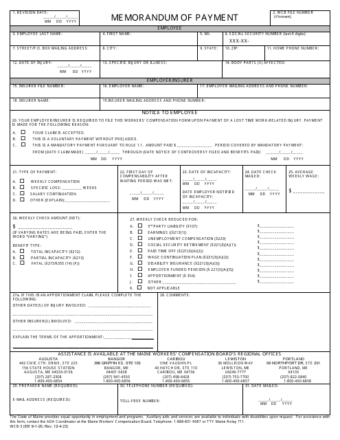 Form WCB-3 Memorandum of Payment - Maine