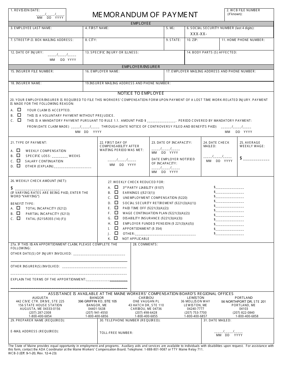 Form WCB-3 Memorandum of Payment - Maine, Page 1