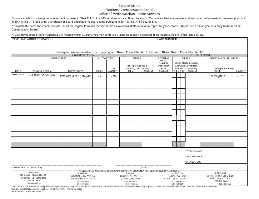 Form WCB-206 Employee Expense Form - Maine