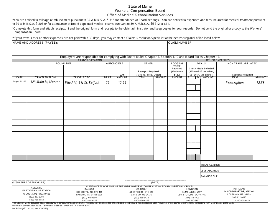 Form WCB-206 Employee Expense Form - Maine, Page 1