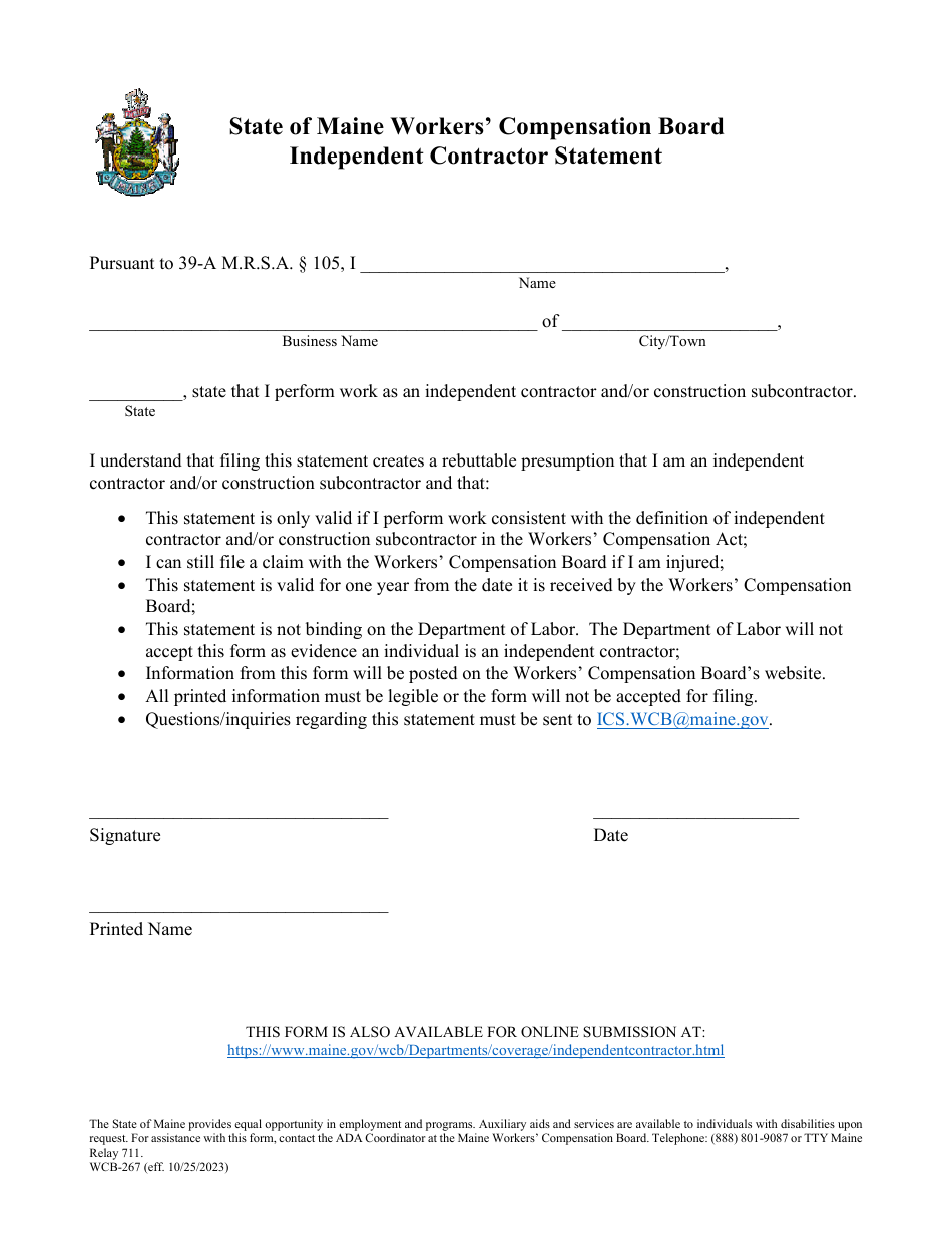 Form WCB-267 Independent Contractor Statement - Maine, Page 1