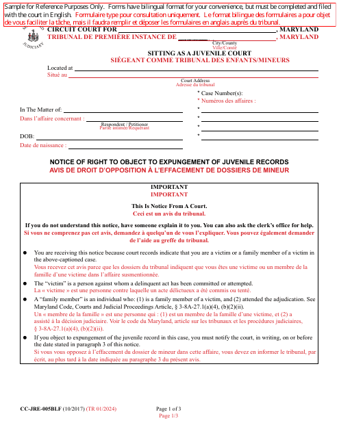 Form CC-JRE-005BLF Notice of Right to Object to Expungement of Juvenile Records - Maryland (English/French)