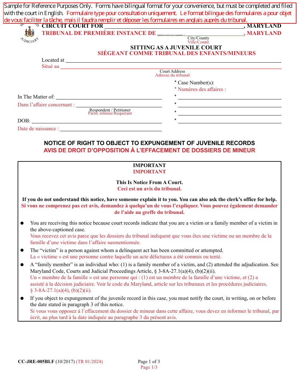 Form CC-JRE-005BLF Notice of Right to Object to Expungement of Juvenile Records - Maryland (English / French), Page 1