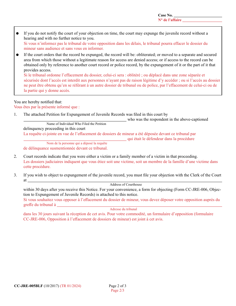 Form CC-JRE-005BLF Notice of Right to Object to Expungement of Juvenile Records - Maryland (English / French), Page 2