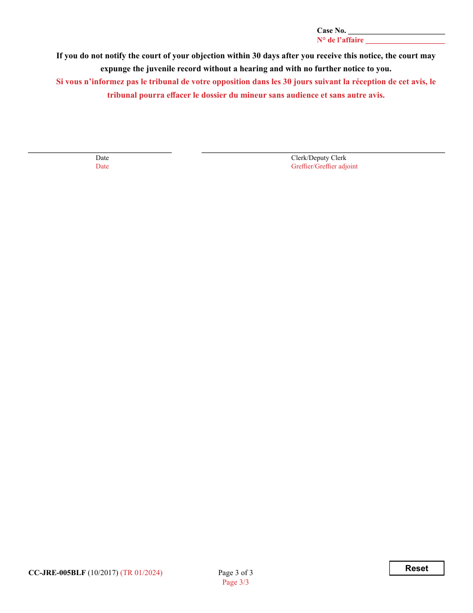 Form CC-JRE-005BLF Notice of Right to Object to Expungement of Juvenile Records - Maryland (English / French), Page 3