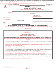 Document preview: Form CC-JRE-005BLS Notice of Right to Object to Expungement of Juvenile Records - Maryland (English/Spanish)