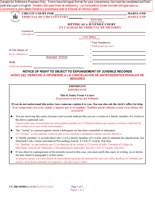 Form CC-JRE-005BLS Notice of Right to Object to Expungement of Juvenile Records - Maryland (English/Spanish)