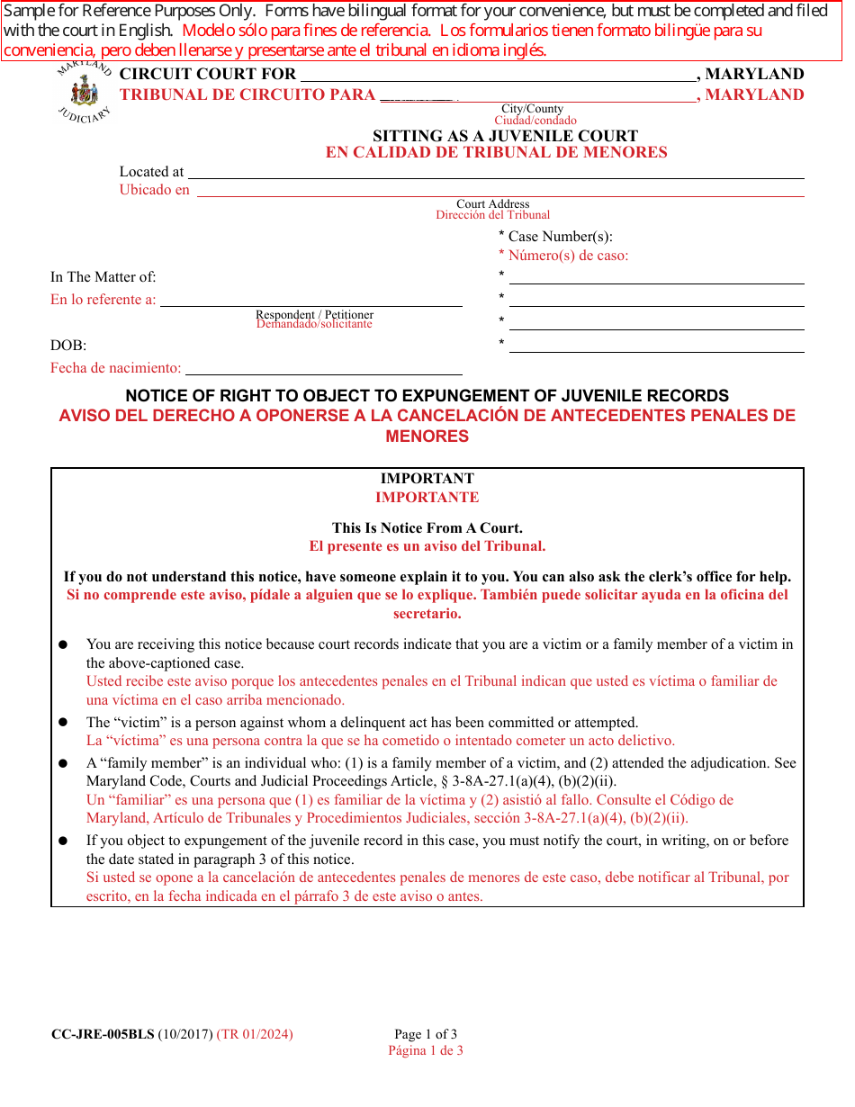 Form CC-JRE-005BLS Notice of Right to Object to Expungement of Juvenile Records - Maryland (English / Spanish), Page 1