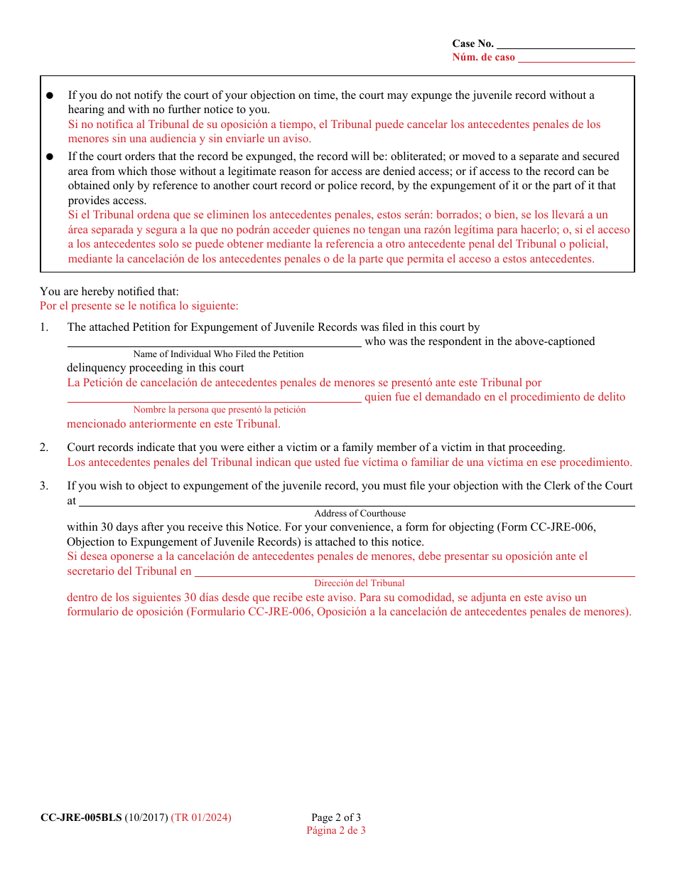 Form CC-JRE-005BLS Notice of Right to Object to Expungement of Juvenile Records - Maryland (English / Spanish), Page 2