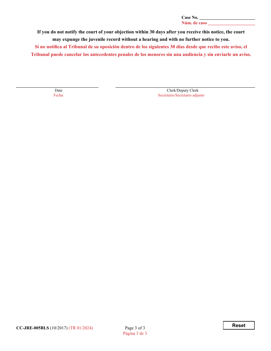 Form CC-JRE-005BLS Notice of Right to Object to Expungement of Juvenile Records - Maryland (English / Spanish), Page 3