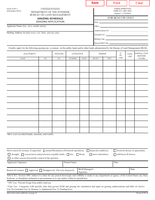 BLM Form 4130-1  Printable Pdf