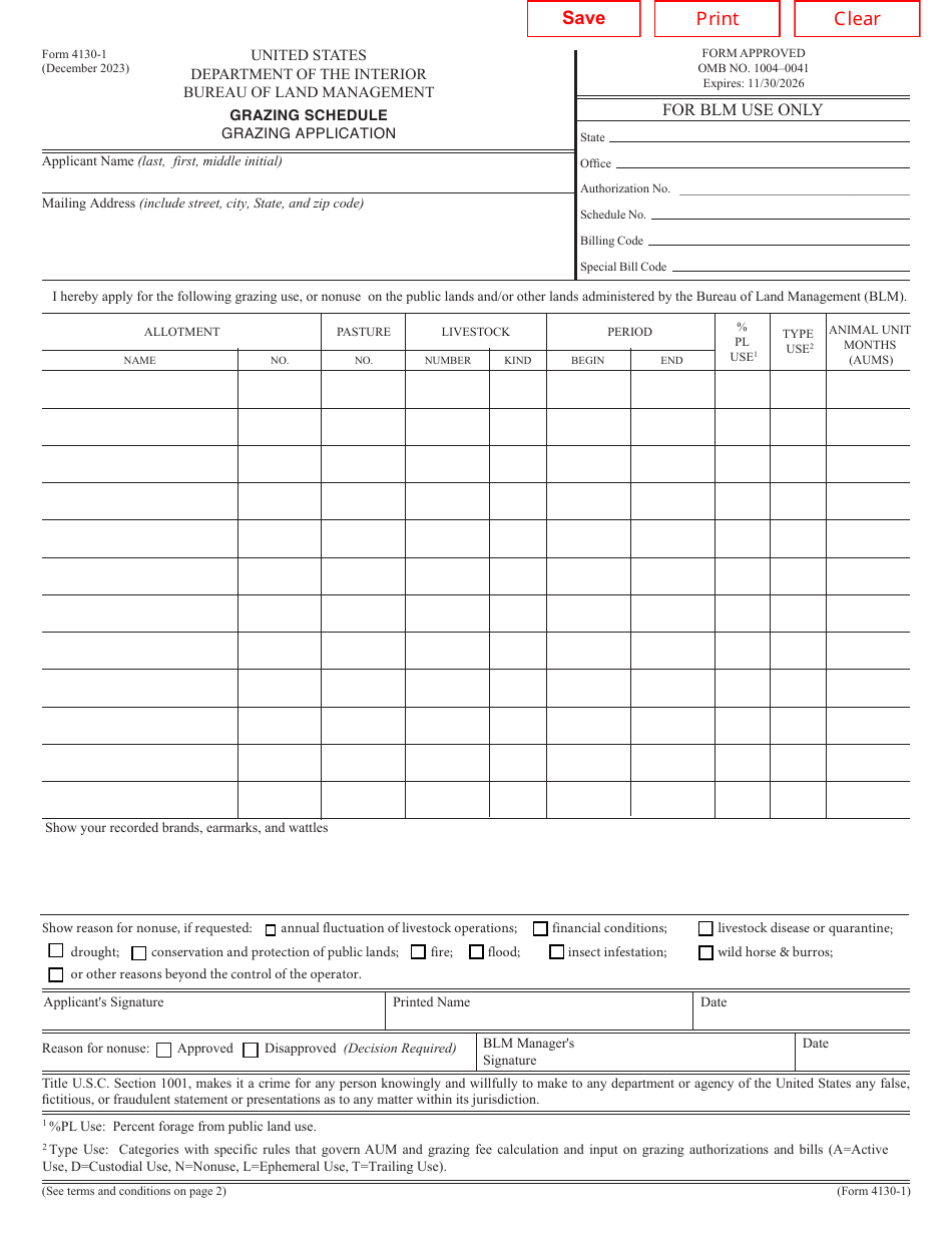 BLM Form 4130-1 Grazing Schedule - Grazing Application, Page 1