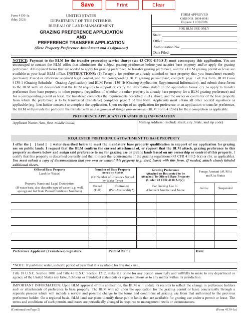 BLM Form 4130-1A Grazing Preference Application and Preference Transfer Application (Base Property Preference Attachment and Assignment)