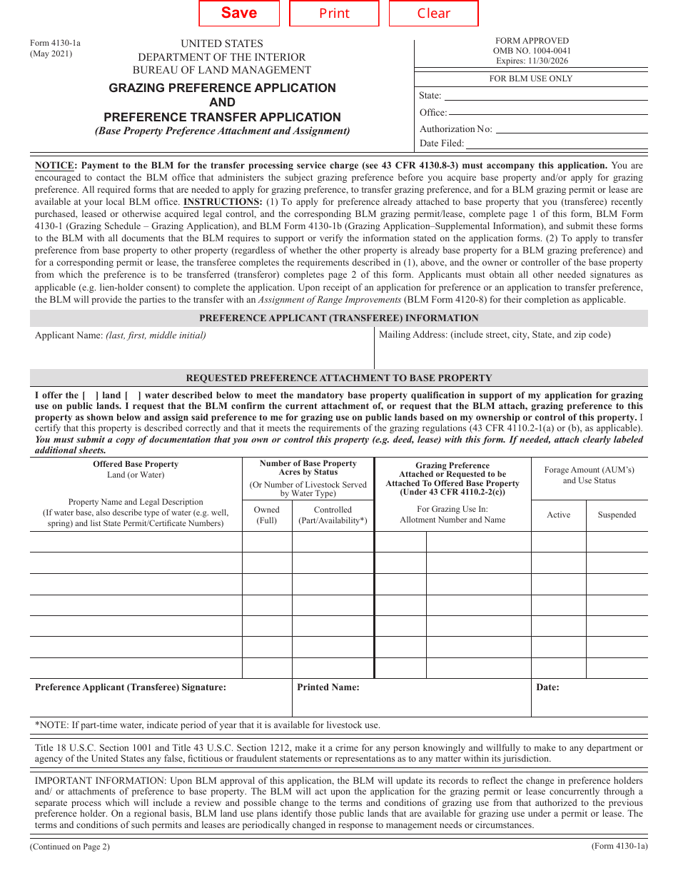 BLM Form 4130-1A Grazing Preference Application and Preference Transfer Application (Base Property Preference Attachment and Assignment), Page 1