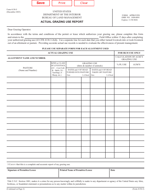 BLM Form 4130-5  Printable Pdf