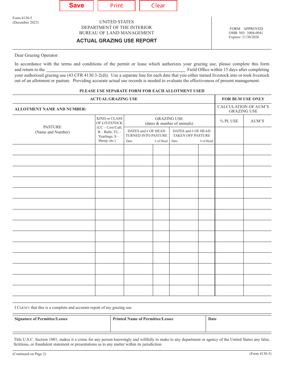 BLM Form 4130-5 Download Fillable PDF or Fill Online Actual Grazing Use ...