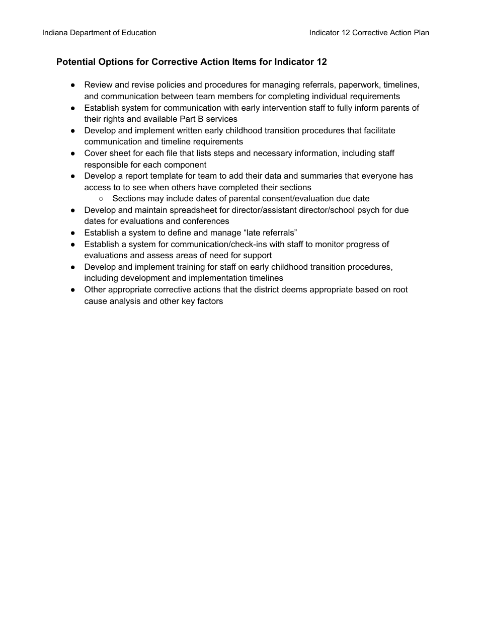Results Driven Accountability (Rda) Corrective Action Plan - Indicator 12: Transition From Early Childhood to School Age Programming - Indiana, Page 6