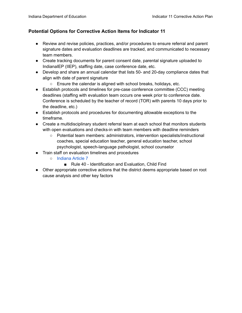 Results Driven Accountability (Rda) Corrective Action Plan - Indicator 11: Initial Evaluations - Indiana, Page 6