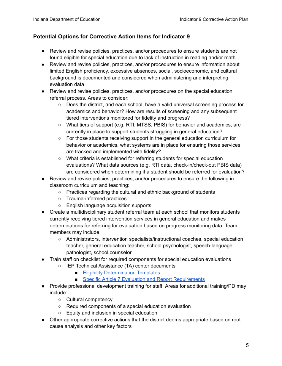 Results Driven Accountability (Rda) Corrective Action Plan - Indicator 9: Disproportionate Representation of Students With Disabilities by Race or Ethnicity - Indiana, Page 6