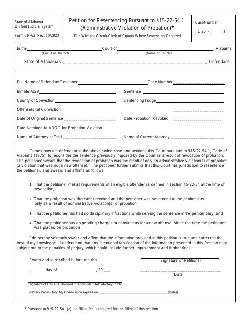 Form CR-63 Petition for Resentencing Pursuant to 15-22-54.1 (Administrative Violation of Probation) - Alabama