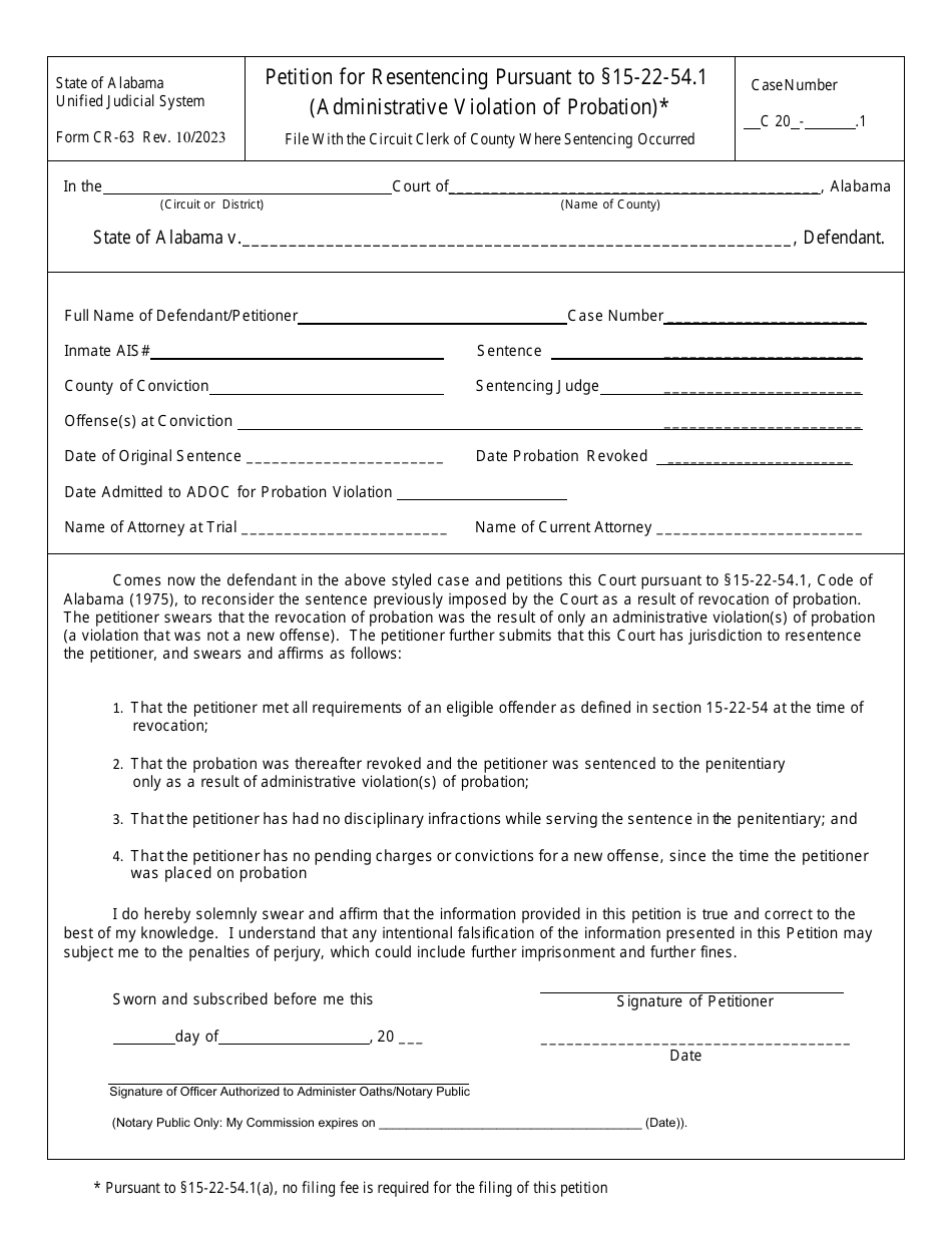 Form CR-63 Petition for Resentencing Pursuant to 15-22-54.1 (Administrative Violation of Probation) - Alabama, Page 1