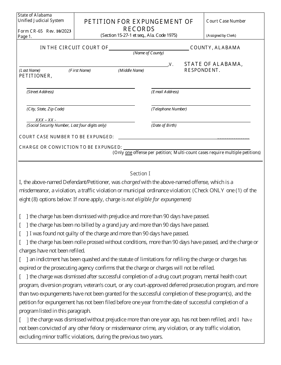 Form CR-65 Petition for Expungement of Records - Alabama, Page 1