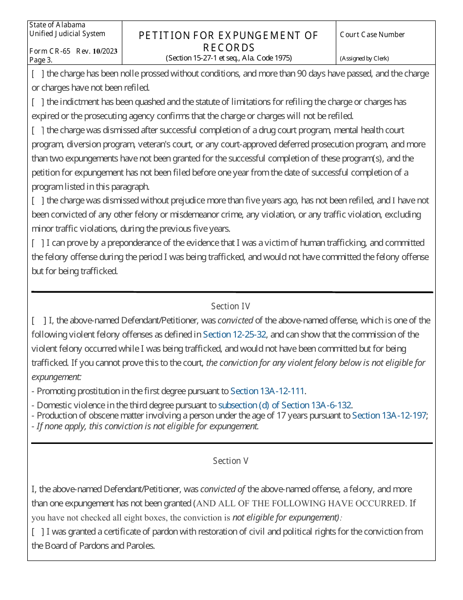 Form CR-65 Petition for Expungement of Records - Alabama, Page 3