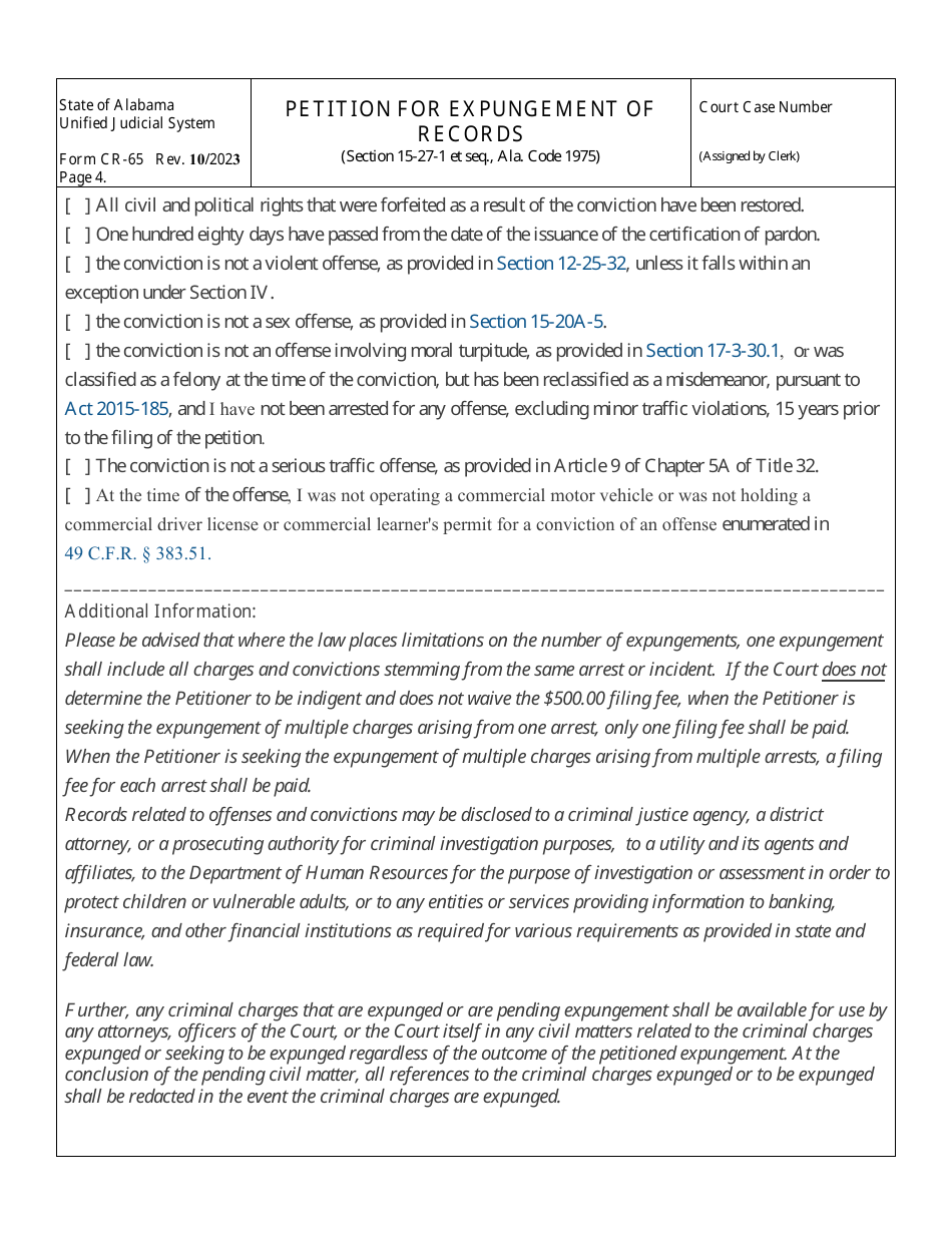 Form CR-65 Petition for Expungement of Records - Alabama, Page 4