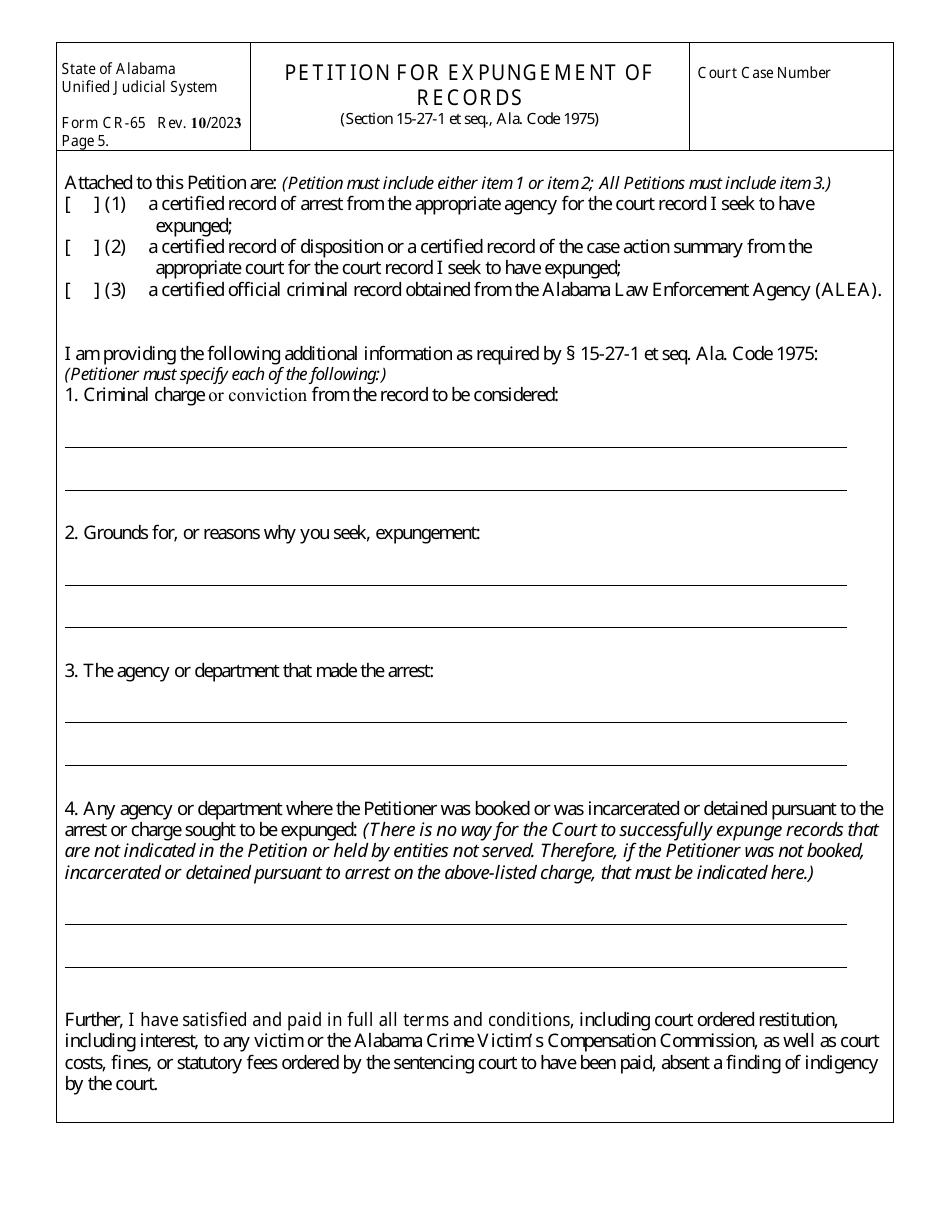 Form CR-65 Petition for Expungement of Records - Alabama, Page 5